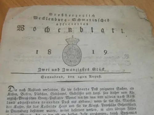 Zeitung Mecklenburg , 14.08.1819 , Post an der Grenze , Memel , Russland , St. Petersburg , Gneven , Neubukow , Schwerin