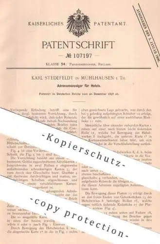 original Patent - Karl Stedefeldt , Mühlhausen i. Th. | 1898 | Adressenanzeiger für Hotels | Reklame | Namensschild !
