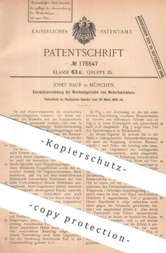 original Patent - Josef Baur , München | 1905 | Wechselgetriebe von Motorfahrrädern | Motor - Fahrrad | Fahrräder