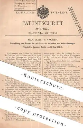 original Patent - Max Stang , Aachen | 1905 | Ändern der Schaltung am Getriebe vom Motorfahrzeug | Motor , Oldtimer Auto
