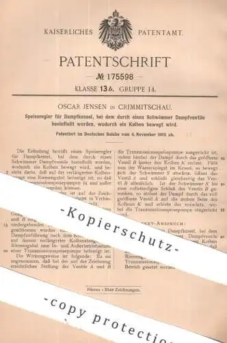 original Patent - Oscar Jensen , Crimmitschau | 1905 | Speiseregler für Dampfkessel | Wasserkessel | Pumpe , Kessel !!