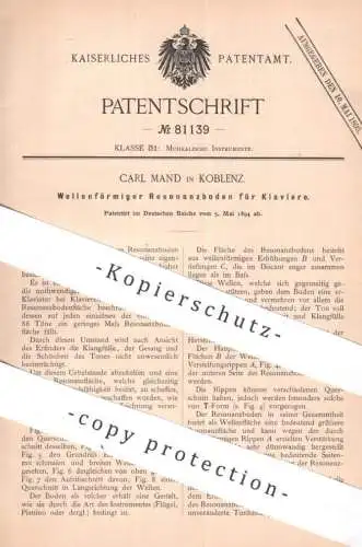 original Patent - Carl Mand , Koblenz | 1894 | Wellenförmiger Resonanzboden f. Klavier | Piano , Musik , Musikinstrument