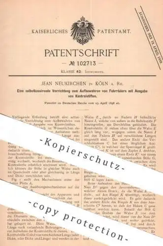 original Patent - Jean Neukirchen , Köln / Rhein | 1898 | selbstkassierende Vorrichtung zum Aufbewahren der Fahrräder !