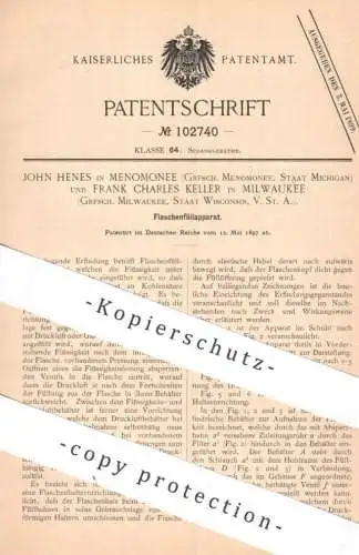 original Patent - John Henes , Menomonee Michigan | Frank Charles Keller , Milwaukee , USA | 1897 | Flaschenfüllapparat