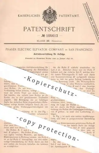original Patent - Fraser Electric Elevator Company , San Francisco | 1897 | Antrieb für Aufzüge | Aufzug , Hebebühne