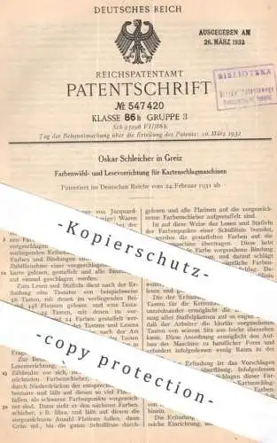 original Patent - Oskar Schleicher , Greiz , Thüringen | 1931 | Kartenschlagmaschine | Jacquardkarten , Jacquard