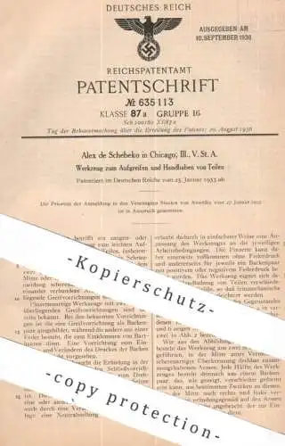 original Patent - Alex de Schebeko , Chicago , Illinois , USA | 1933 | Werkzeug zum Aufgreifen | Zange , Zangen