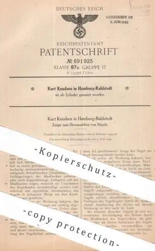 original Patent - Kurt Knudsen , Hamburg / Rahlstedt | 1939 | Zange zum Herausziehen der Nägel | Zangen , Werkzeug Nagel
