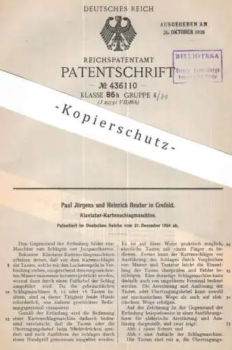 original Patent - Paul Jürgens & Heinrich Reuter , Krefeld | 1924 | Klaviatur - Kartenschlagmaschine | Jacquardkarten