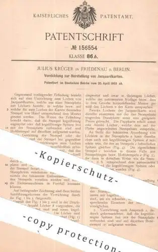 original Patent - Julius Krüger , Berlin / Friedenau | 1903 | Herst. von Jacquardkarten | Jacquard Weberei , Lochstempel