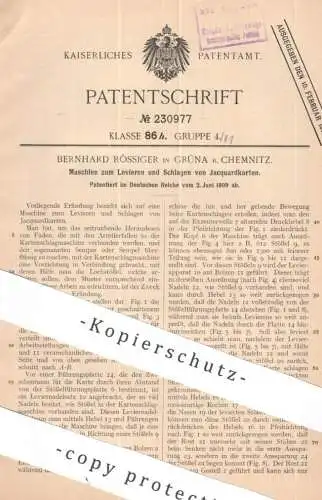 original Patent - Bernhard Rössiger , Grüna / Chemnitz | 1909 | Jacquardkarte Levieren & Schlagen | Kartenschlagmaschine