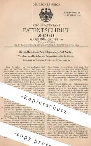 original Patent - Richard Kemlein , Neu Schulzendorf , Post Zeuthen | 1932 | Herst. von Jacquard - Karten für Weberei !