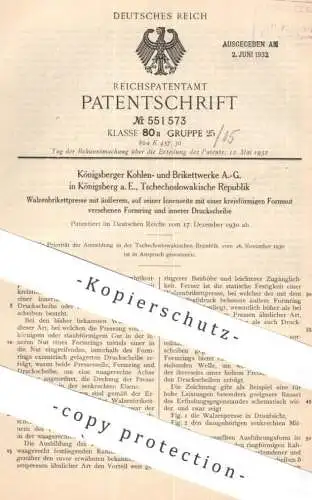 original Patent - Königsberger Kohlen- & Brikettwerke AG , Königsberg , Tschechien | Walzenbrikettpresse | Kohle Brikett