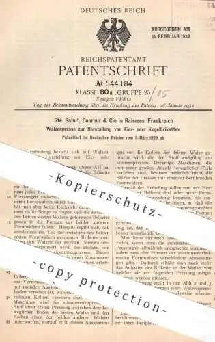 original Patent - Sté. Sahut , Conreur & Cie , Raismes , Frankreich | 1929 | Walzenpresse für Brikett | Kohle , Koks