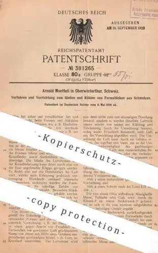 original Patent - Arnold Moetteli , Oberwintherthur , Schweiz | 1918 | Gießen u. Kühlen von Formstück | Hochofen , Guss