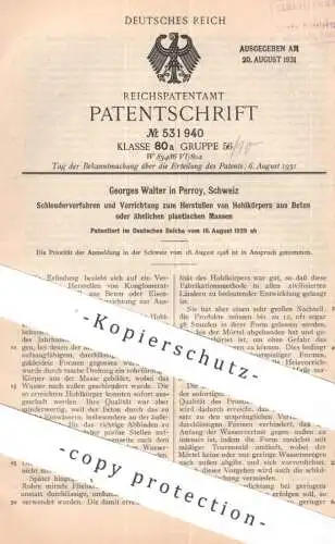 original Patent - Georges Walter , Perroy , Schweiz | 1929 | Hohlkörpern aus Beton o. plastischer Masse | Zement Mörtel