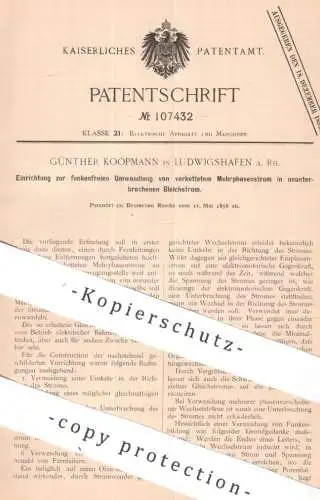 original Patent - Günther Koopmann , Ludwigshafen / Rh. | 1898 | Umwandlung von Mehrphasenstrom in Gleichstrom | Strom !