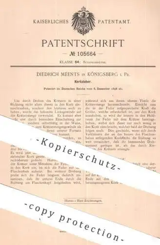 original Patent - Diedrich Meents , Königsberg / Preußen | 1898 | Korkzieher | Korkenzieher | Kork , Korken