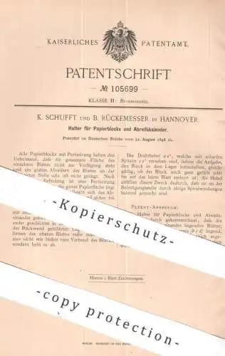 original Patent - K. Schufft , B. Rückemesser , Hannover | 1898 | Halter f. Papierblock & Kalender | Buchbinder , Papier