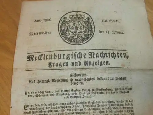 Zeitung Mecklenburg , 15.01.1806 , Stargard , Güstrow , Groß Luckow , Stavenhagen , Tessin , Doberan , Gadebusch  !!