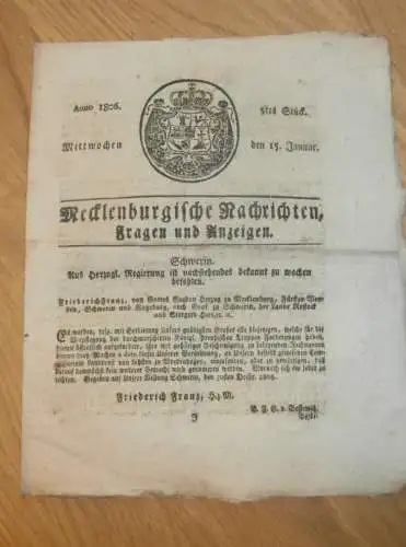 Zeitung Mecklenburg , 15.01.1806 , Stargard , Güstrow , Groß Luckow , Stavenhagen , Tessin , Doberan , Gadebusch  !!