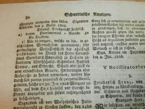 Zeitung Mecklenburg , 15.01.1806 , Stargard , Güstrow , Groß Luckow , Stavenhagen , Tessin , Doberan , Gadebusch  !!