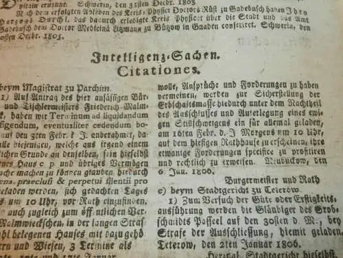 Zeitung Mecklenburg , 15.01.1806 , Stargard , Güstrow , Groß Luckow , Stavenhagen , Tessin , Doberan , Gadebusch  !!