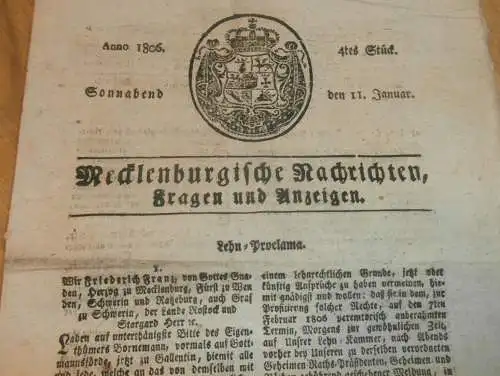 Zeitung Mecklenburg , 11.01.1806 , Stargard , Gallentin , Schwaan , Schependorf , Krakow , Granzin , Boitzenburg !!