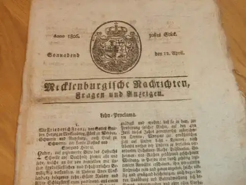 Zeitung Mecklenburg , 12.04.1806 , Stargard , Neustrelitz , Bützow , Grabow , Marnitz , Zierstorf , Krankow , Güstrow !!
