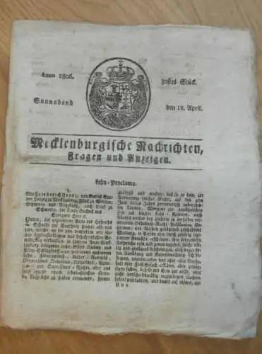 Zeitung Mecklenburg , 12.04.1806 , Stargard , Neustrelitz , Bützow , Grabow , Marnitz , Zierstorf , Krankow , Güstrow !!