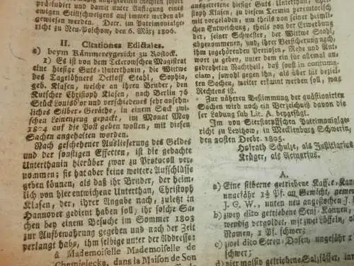 Zeitung Mecklenburg , 12.04.1806 , Stargard , Neustrelitz , Bützow , Grabow , Marnitz , Zierstorf , Krankow , Güstrow !!