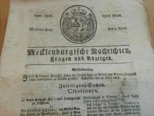 Zeitung Mecklenburg , 9.04.1806 , Klein Butzin , Warin , Parchim , Zierstorf , Boitzenburg , Grevesmühlen , Gülzow !!