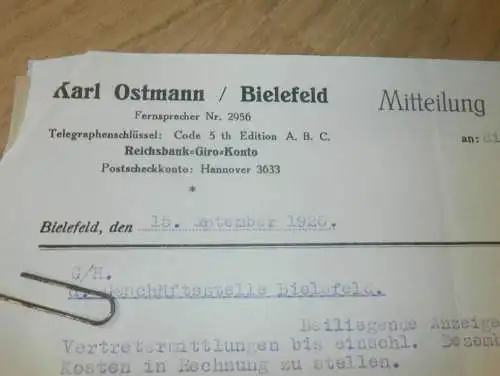 Karl Ostmann in Bielefeld , 1926 , Creditreform , Gewürzmühle , altes Dokument !!!