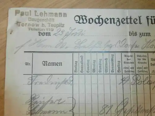 Paul Lehmann , Baugeschäft in Tornow b. Teupitz , 1930 , Wochenzettel !!!