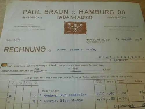 Paul Braun , Tabak - Fabrik in Hamburg , 1925 , alte Rechnung , Thams & Garfs Königslutter !!