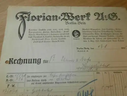 Florian Werk AG in Berlin Britz , 1925 , alte Rechnung , Thams & Garfs Königslutter !!