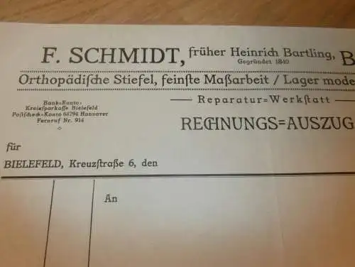 F. Schmidt ehem. H. Bartling in Bielefeld , 1932 , Orthopädie , Schuhe , Stiefel , alte Rechnung  !!