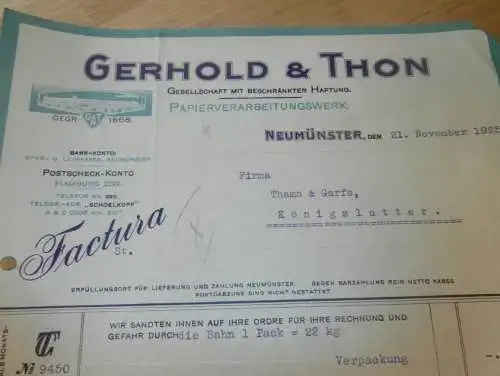 Gerhold & Thon in Neumünster , Papierfabrik , 1925 , alte Rechnung , Thams & Garfs Königslutter !!