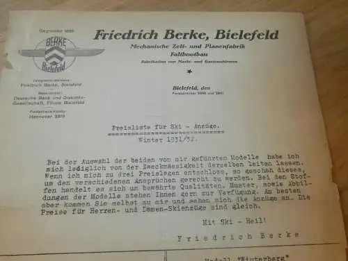 Friedrich Berke in Bielefeld , Zelte , Faltboote , 1931 , Ski Heil , alte Rechnung !!