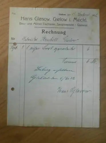 Hans Glasow in Gielow i. Mecklenburg , 1932 , Möbel-Tischlerei , Sargmagazin , Glaserei , alte Rechnung !!