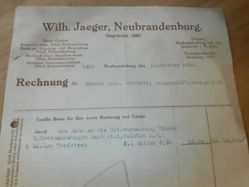 Wilhelm Jaeger in Neubrandenburg i. Mecklenburg , 1932 , Gutsverwaltung Pinnow b. Rottmannshagen , alte Rechnung !!