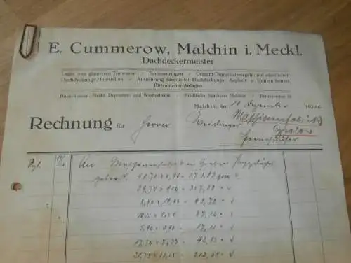 Dachdecker E. Cummerow in Malchin i. Mecklenburg , 1932 , 2x alte Rechnung !!