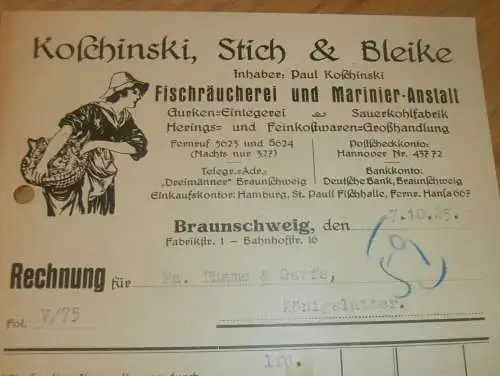 Koschinski , Stich & Bleike in Braunschweig , Räucherei , Fisch , 1925 , alte Rechnung , Thams & Garfs Königslutter !!!