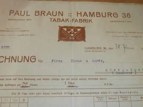 Paul Braun Tabak Fabrik Hamburg , 1925 , alte Rechnung , Thams & Garfs Königslutter !!!