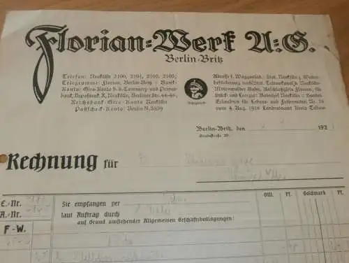 Florian Werk AG Berlin Britz , 1926 , alte Rechnung , Thams & Garfs Königslutter !!!