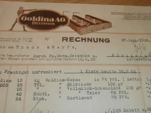 Goldina AG Bremen Hemelingen , 1925 , alte Rechnung , Thams & Garfs Königslutter !!!