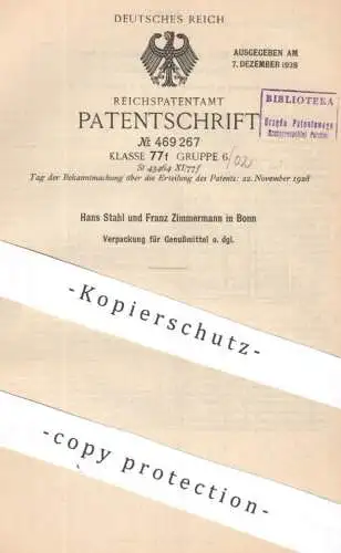 original Patent - Hans Stahl & Franz Zimmermann , Bonn | 1927 | Verpackung für Genussmittel | Schachtel , Mundharmonika