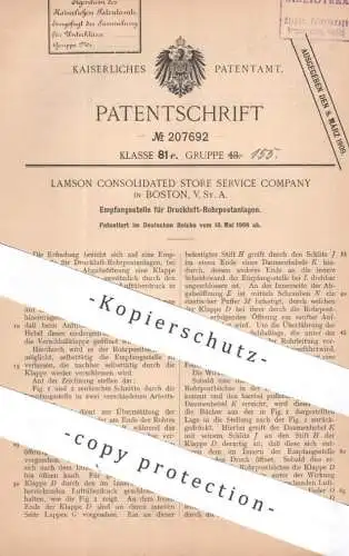 original Patent - Lamson Consolidated Store Service Comp. , Boston , USA | 1908 | Empfang für Druckluft Rohrpost | Post