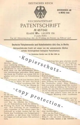 original Patent - Deutsche Telephonwerke & Kabelindustrie AG Berlin | 1926 | Rohrpostfahrrohr - Ventil | Rohrpost , Post