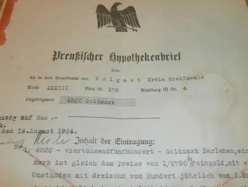 Hypothekenbrief Wolgast i. Mecklenburg 1930-1934 , Heimstätte Stettin i. Pommern , RAR !!